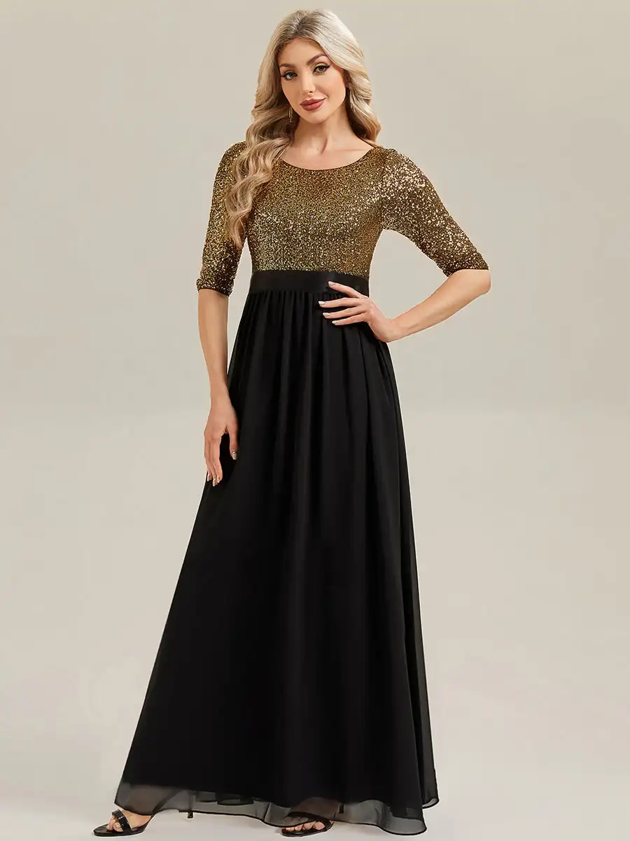 

BAZIIINGAAA Party Dress 3/4 Sleeve Sequin Patchwork A-Line Floor Length Evening Dresses