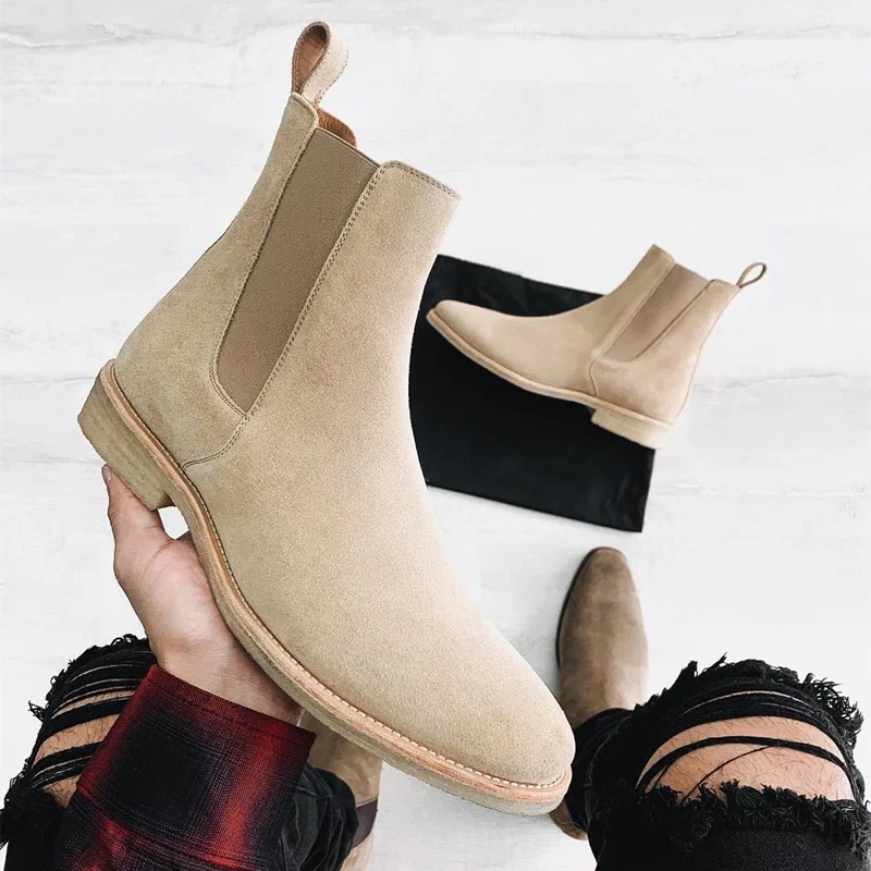 Chelsea Boots Men Handmade Business Black Red Slip on Flock Pu Cowboy Boots Sapato Masculino Men Boots