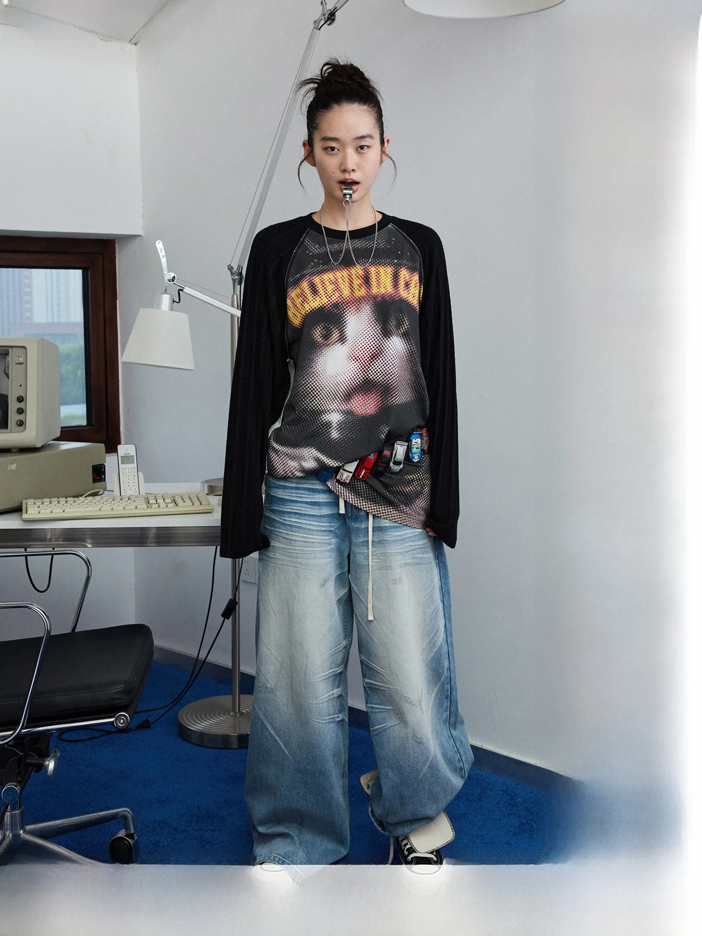 

JINN STUDIO Motorcycle Print oulder T-irt Women's Loose Splicing Casual Sle Long Sve Cotton Blend Top