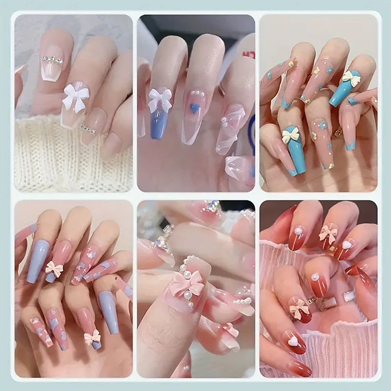 600 قطعة من دلايات قوس الأظافر ثلاثية الأبعاد واللؤلؤ المسطح للأظافر، عقدة على شكل فيونكة ملونة من الراتنج لفن الأظافر، مع ملاقط قلم الأظافر #4