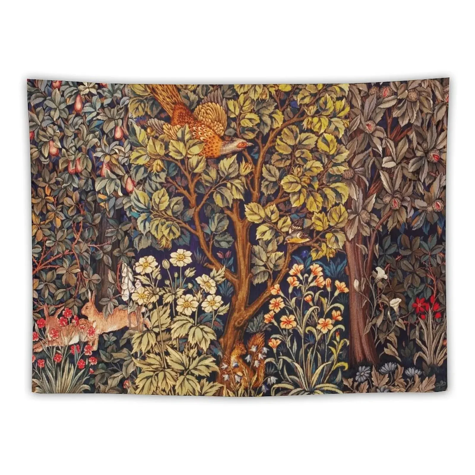 

GREENERY,FOREST ANIMALS Pheasant on Autumn Tree,Squirrel,Hares,Red Yellow Floral Tapestry Room Aesthetic Tapestry