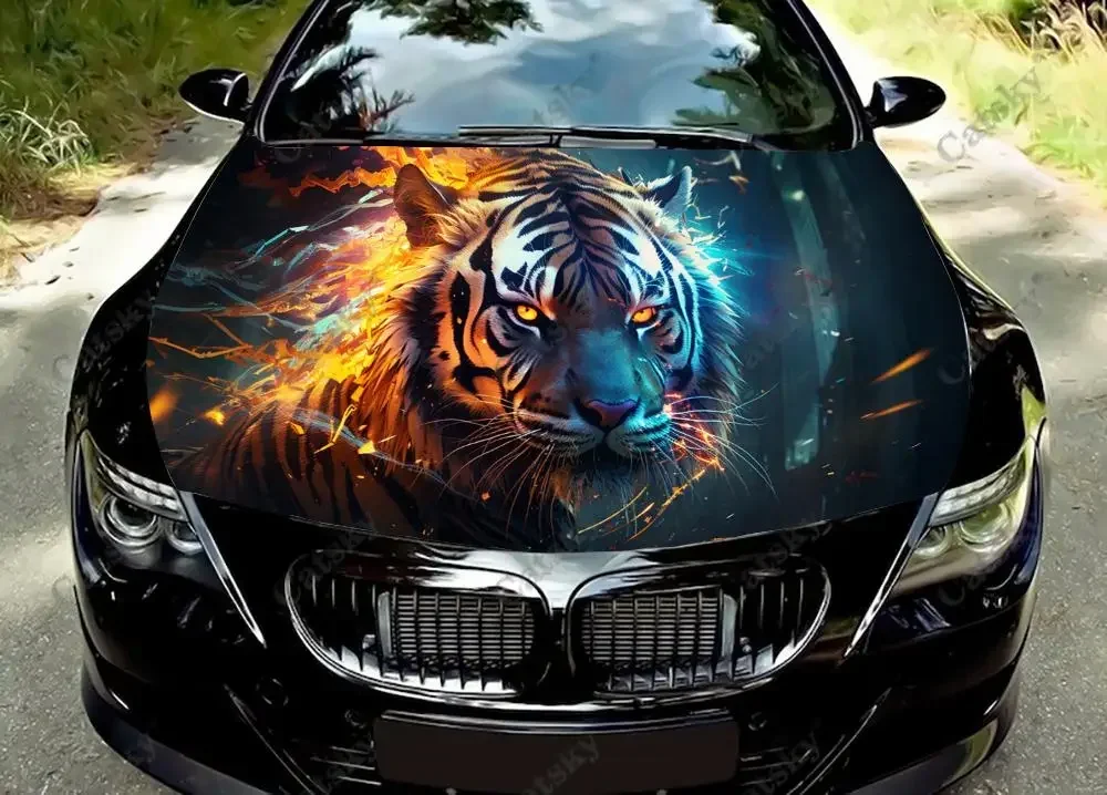 Tiger with Lightning Car Hood Decal Stickers Wrap Vinyl Film Engine Cover Decals Sticker Car Hood Protective Film
