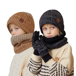 Kids Winter Keep Warm Beanie Scarf Gloves Set 2 Pieces/ 3 pcs Boys Girls Fleece Lining Woolen Yarn Cap Children Stripe Knit Hat