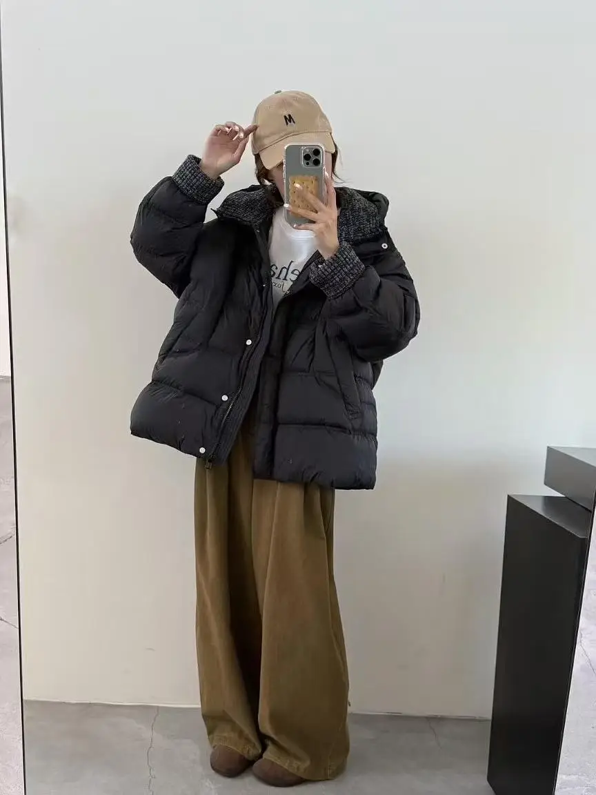 XF5818 Autunno/Inverno 25 delle nuove donne lavorato a maglia piumino di giunzione 90 piumino d'anatra bianco medio lungo con cappuccio caldo cappotto di moda