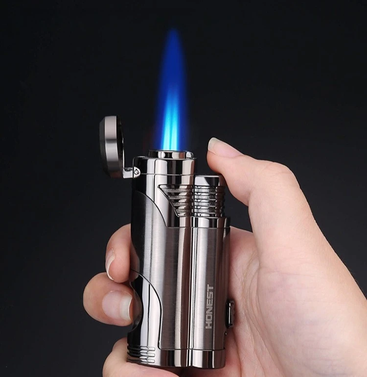 NEW Creative Double Flame Blue Flame Lighter with Independent Visible Transparent Gas Chamber Cigar Lighter with Gift Box