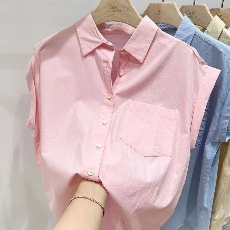 Pink Short Sleeve Women's Shirt Summer 2024 New Loose Thin Style No Sleeve Collar Mid-Length Commute Fashion