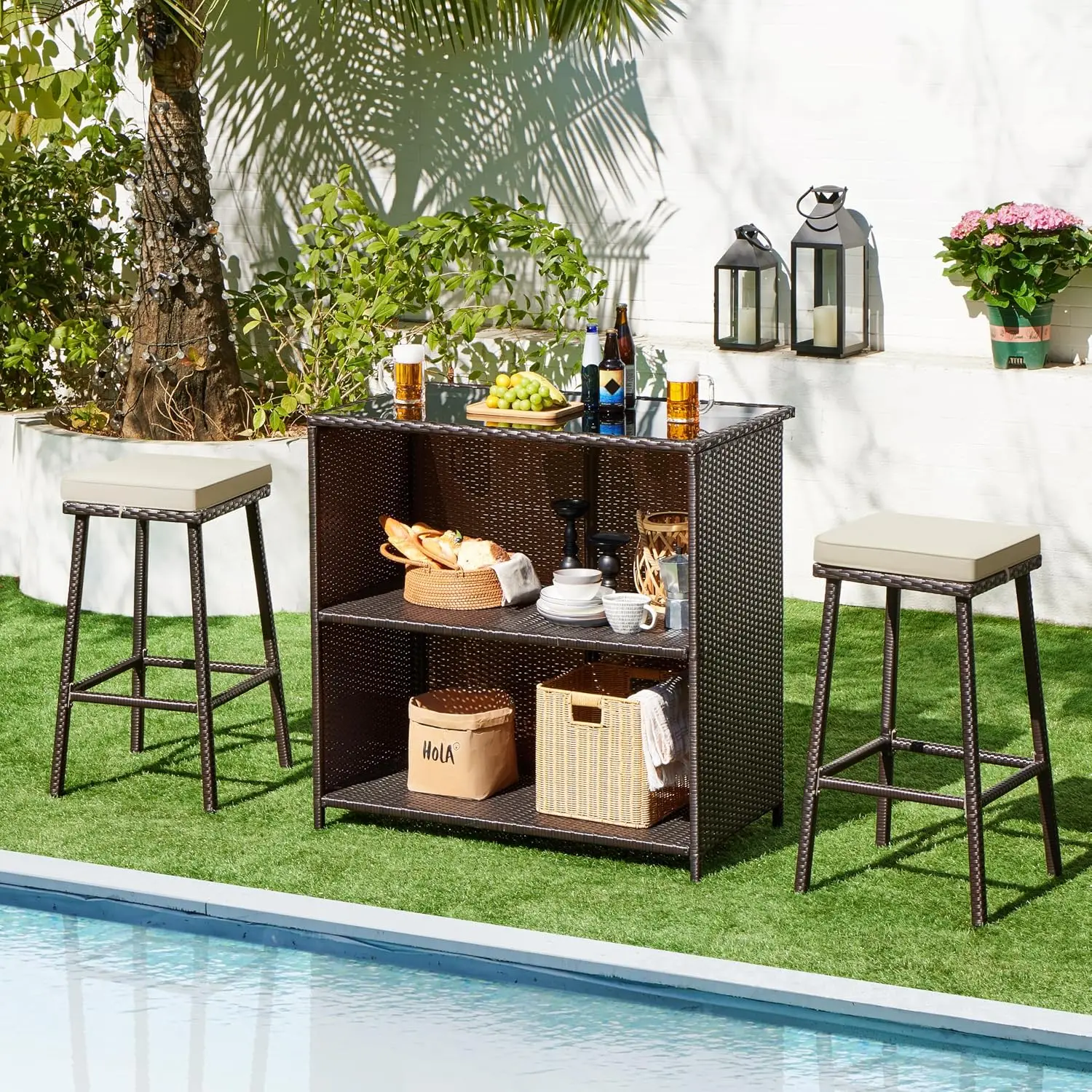 3pcs Outdoor Bar Set, Patio Wicker Bar Furniture with 2 Storage Shelves, Glass Top Table, Cushions and Two Stools, Brown/Khaki | with 2 Storage Shelves, Glass Top Table, Cushions and Two Stools