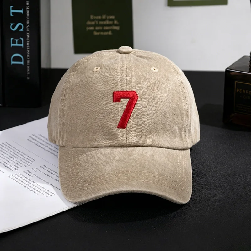 Number 7 Embroidery Washed Cotton Baseball Cap Minimalist Unisex Face Flattering Hat Four Seasons For Outdoor Sports Daily Wear