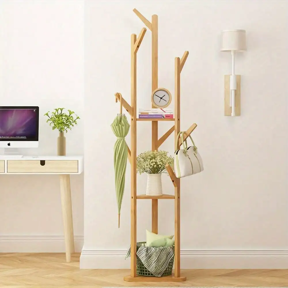 Large Bamboo Clothes Tree Coat Hat Rack Corner Stand w 3 Tier Storage Shelf