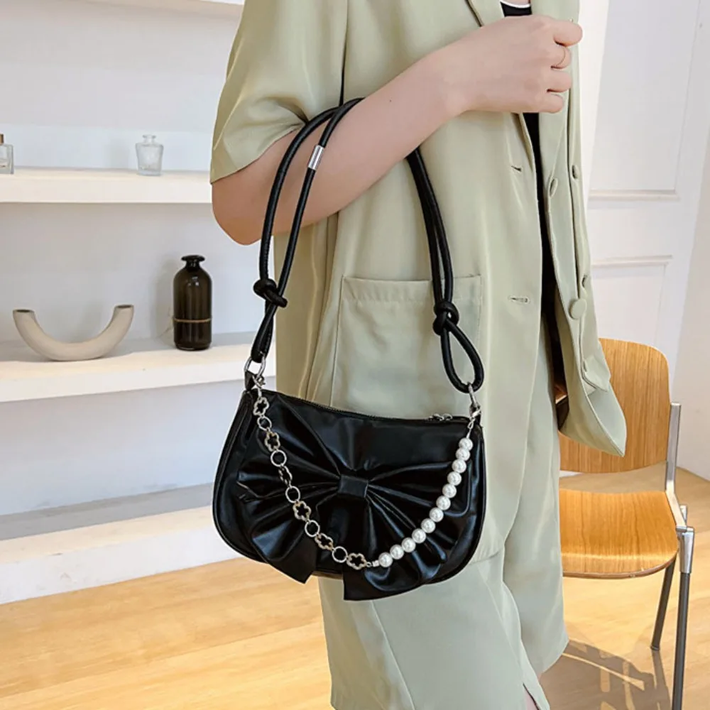 Trendy Pearl Bow Shoulder Bag Underarm Bag Daily Commuting Bag Casual Handbag Solid Business Women\'s Bag