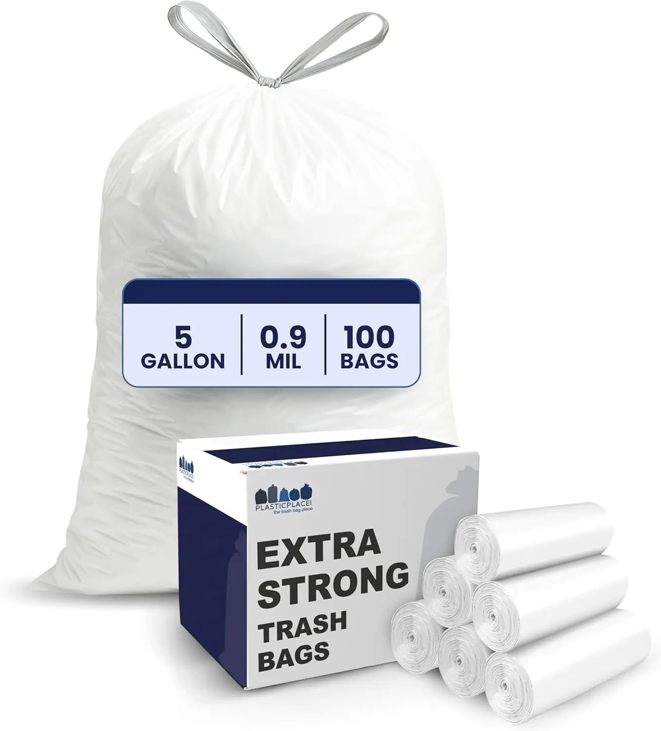 

5 Gallon Trash Bags with Drawstring - White Garbage Liners 19"x25", 100 Count for Kitchen Bathroom Office Car