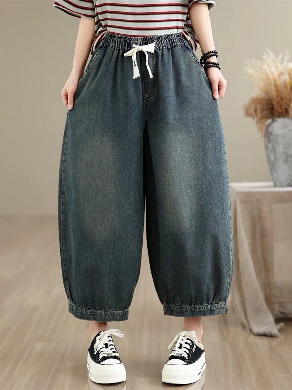 

Loose Casual Harem Pants Elastic Waist Nine Points Summer New Style Vintage plus Size Women's Jeans Casual Loose Fit Trousers