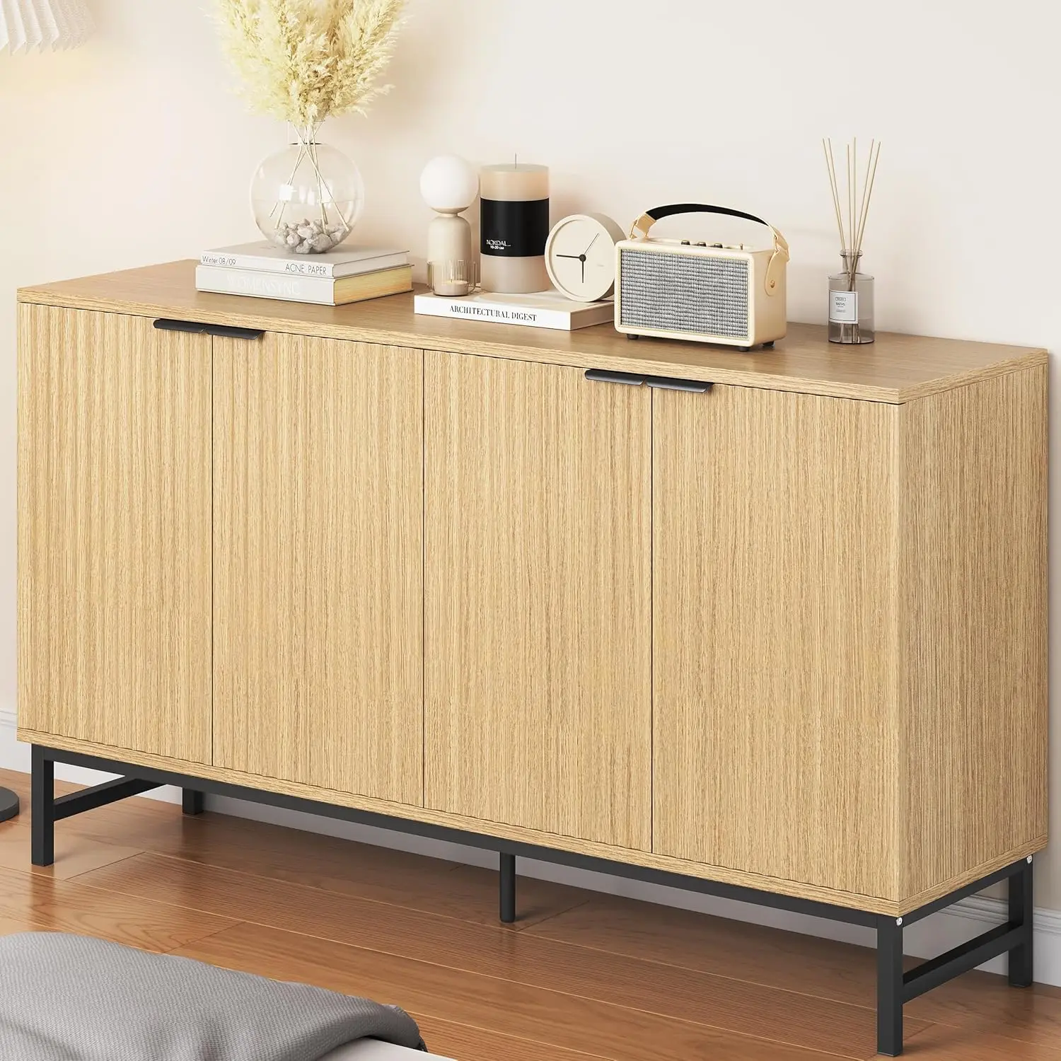 

Modern Sideboard Buffet Cabinet 55" w/Storage - Fluted Credenza Accent Cabinet, 4-Door Multifunctional Console Table for Kitchen