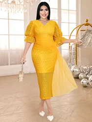 ONTINVA Women Elegant Vintage Yellow Lace Folded Dress V-Neck Short Bubble Sleeves See Through Bodycon Evening Gowns Plus Size