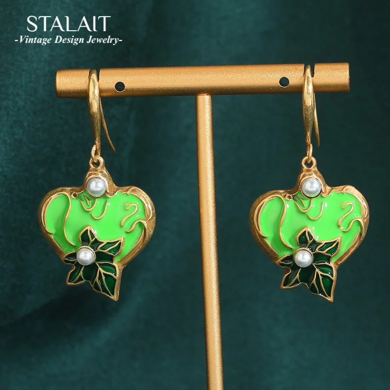 

Gold Color Green Heart Earrings Dangling Dripping Oil Leaves Hook Drop For Women Ancient Vintage Jewelry Accessories 2025