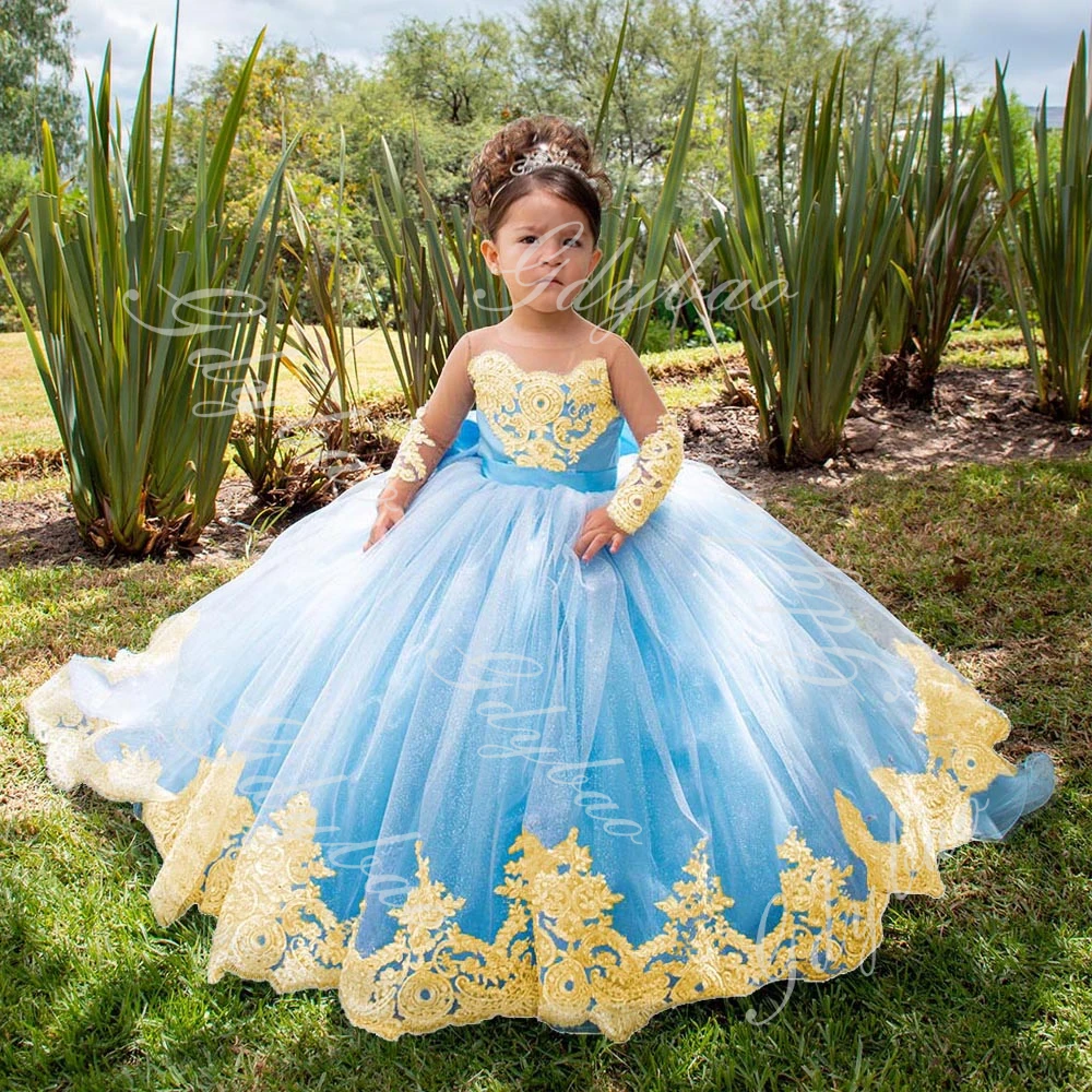 Full Sleeve Flower Girl Dresses for Wedding Kids Gold Lace Princess Pageant Dress Toddlers Long Communion Birthday Party Gowns