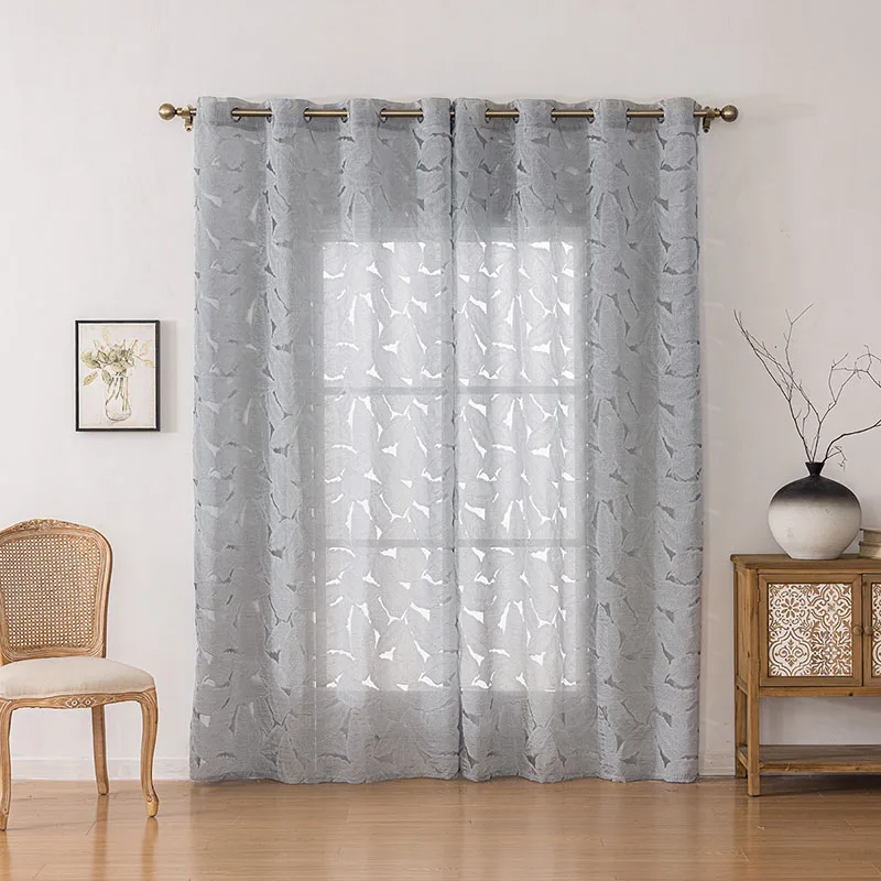 Leaf Jacquard Semi-Shading Curtains European Soft Solid Color Sheer Tulle Window Screen Privacy Protects Bedroom Home Decoration