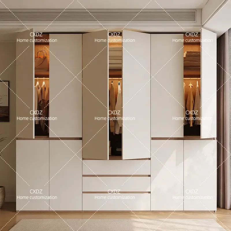 Solid Wood Oak Wardrobe Modern Minimalist Bedroom Segmented Closet with Drawers Home Storage Locker for Cloakroom