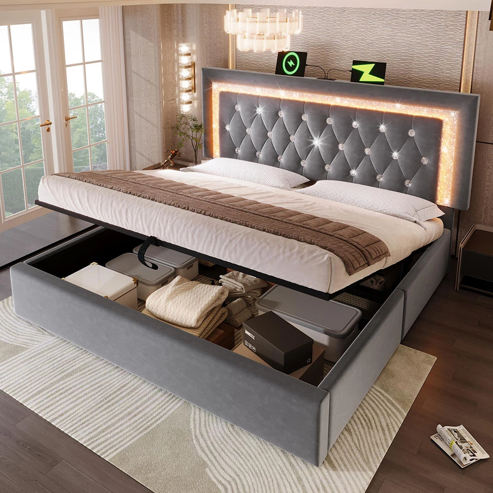 Letto Matrimoniale 160x200 Cm In Velluto Grigio Con Sollevamento Idraulico, LED E Porte USB-C – Struttura Con Rete A Doghe, Senza Materasso
