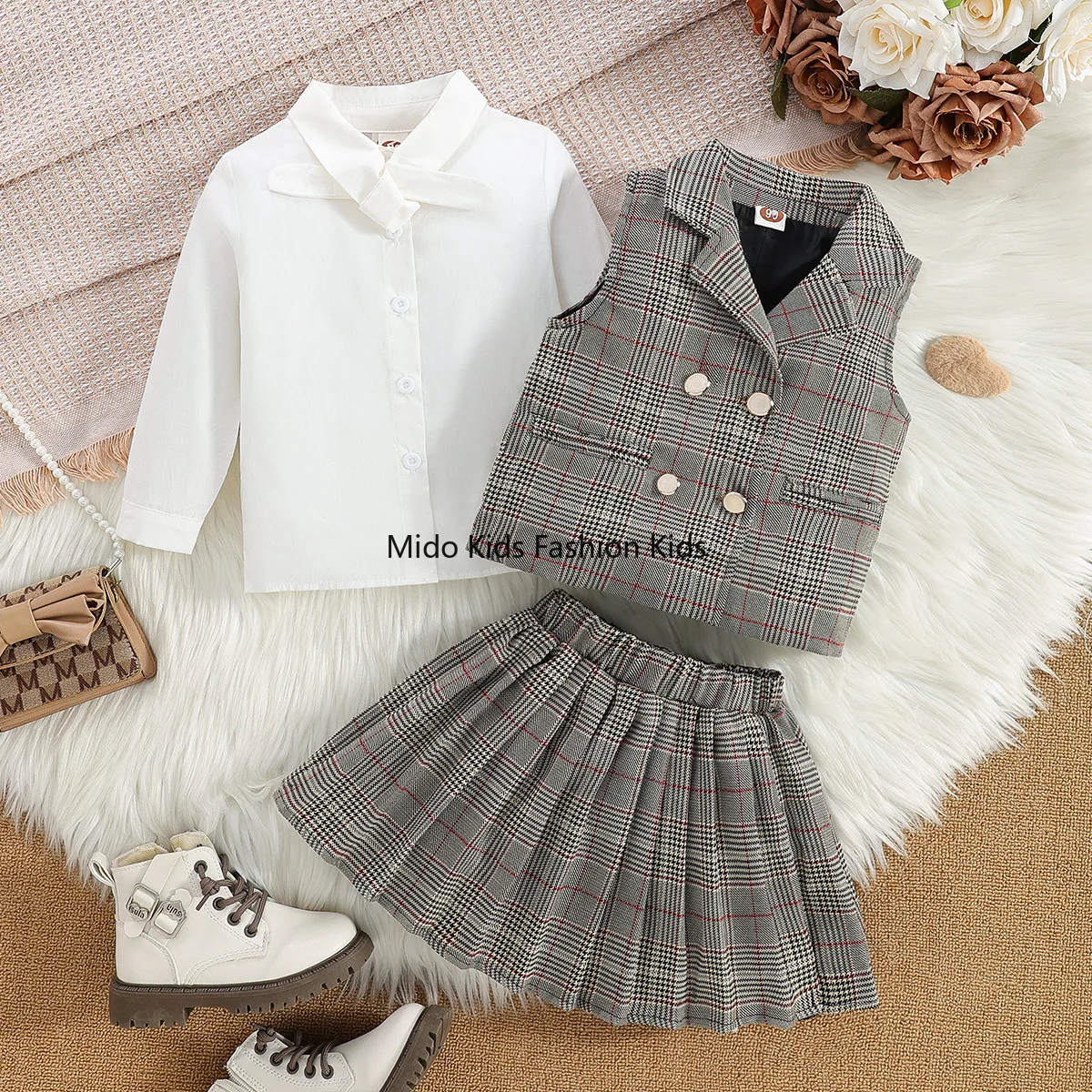 Girls' Outfit: Spring/Autumn New Arrival Stylish Children's Attire Checkered Shirt Waistcoat Pleated Skirt Trousers 3-Piece Set