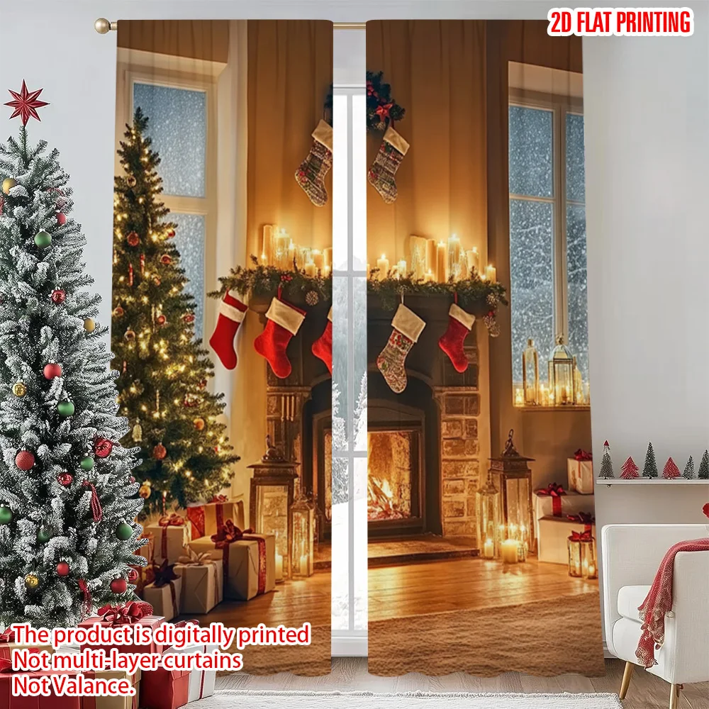 

2pcs 2D flat printing Merry Christmas Popular Curtains Christmas Stocking Fireplace Durable 100% Polyester Fabric Without