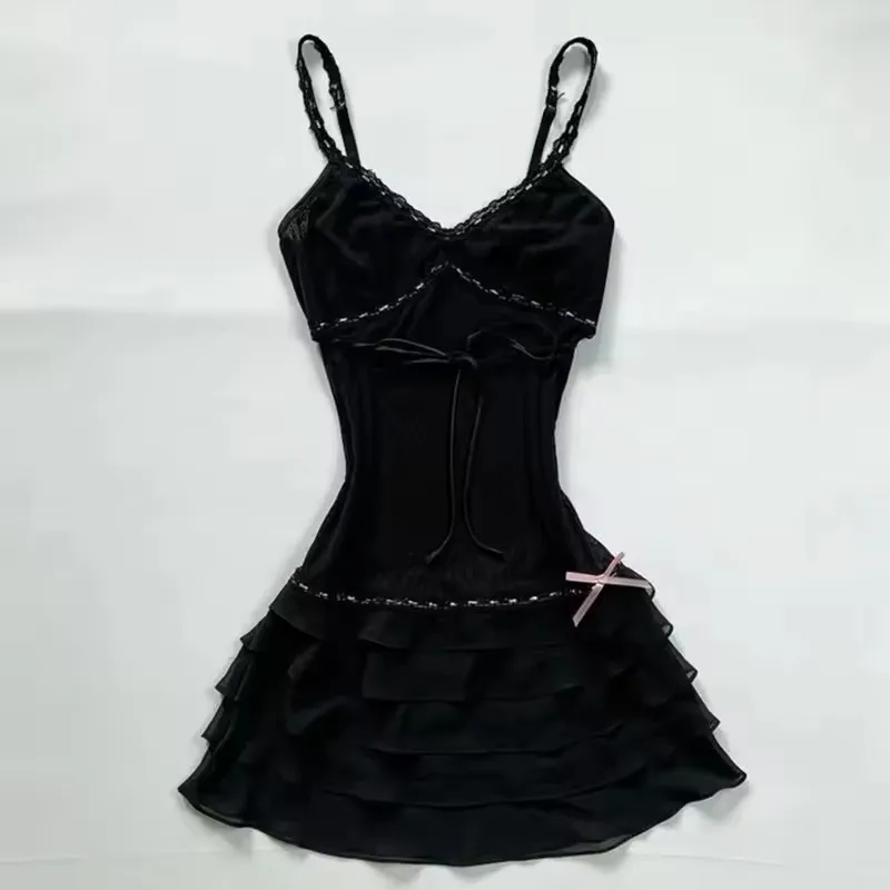 

2025 Summer New Spicy Girl Sweet and Spicy Style Bow V Collar Waist A-line Skirt Strap Dress