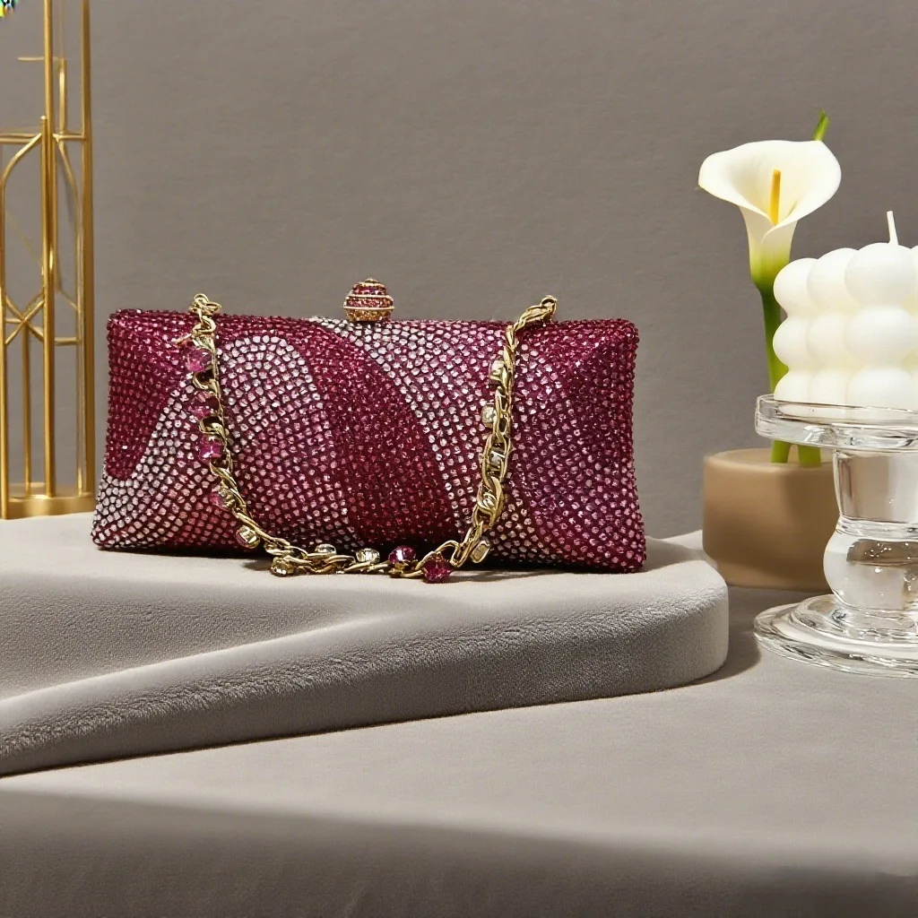 Luxury Wave Pattern Rhinestone Clutch, Full Crystal Rectangle Evening Bag, High-End Sparkly Party Handbag