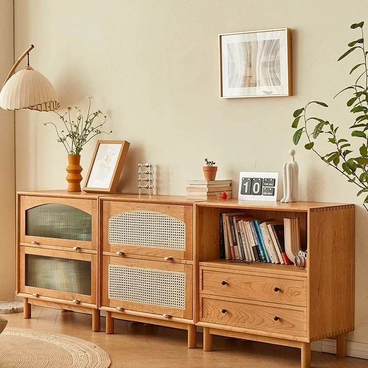 Full solid wood short bookcase cherry wood Japanese style living room storage glass door building block combination lattice