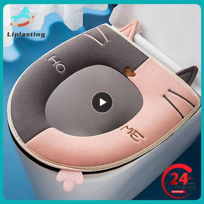 

Cute Cartoon Cat Design Warm Toilet Seat Cover with Handle Thicken Plush Toilet Mat Universal Toilet Cushion Bathroom Aceesories