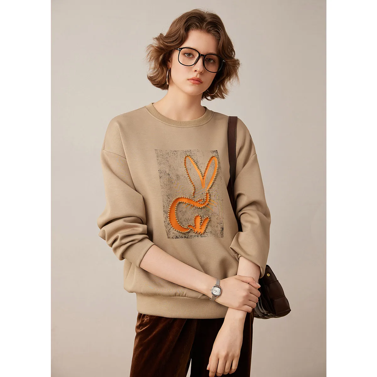 LOUIS YAO 2025 Autumn Color Blocked Printed Nail Bead Hoodie Relaxation Hoodie Head Dropped Shoulder Sleeve Women's Hoodie