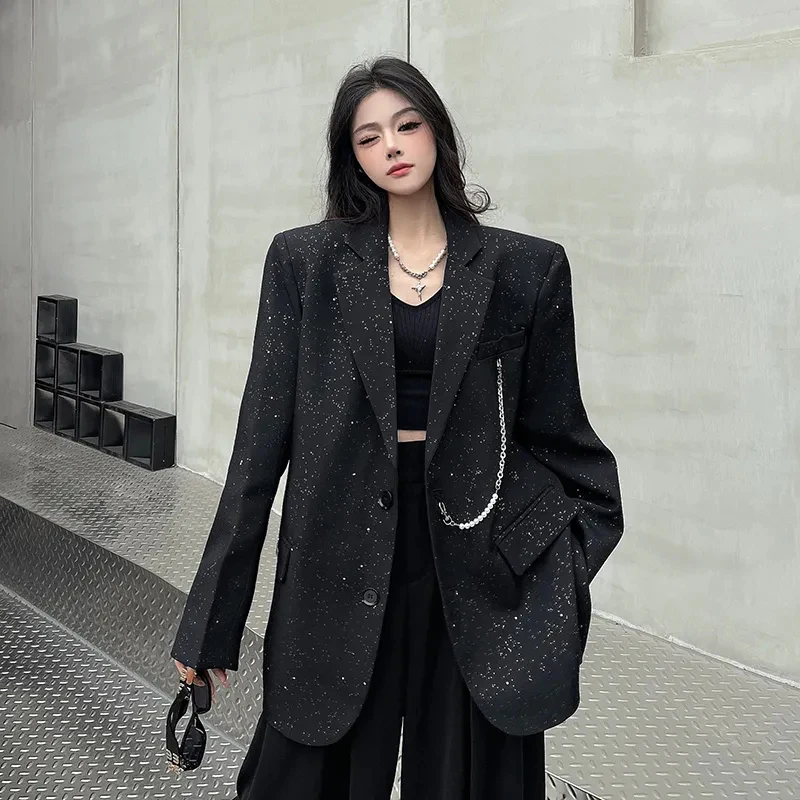 Black Sequins Fashion Blazer Women Elegant Loose Chain Patchwork Chic Suit Jacket Simple Office Lady Oversize Shoulder Pads Coat