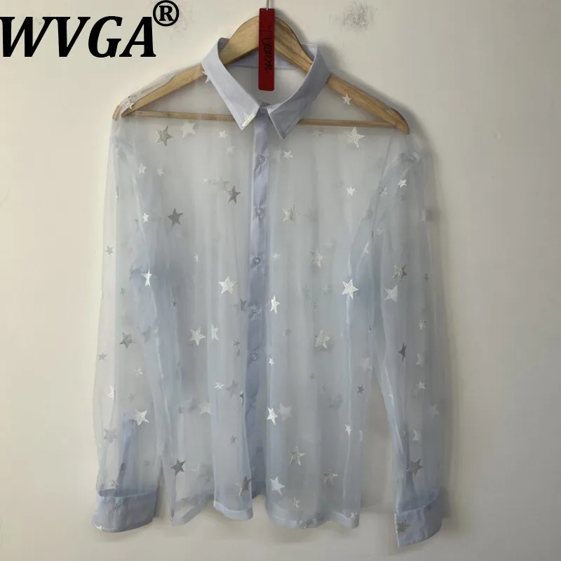 

WVGA Men's Spring Summer New Star Embroidered Mesh Trendy Personalized Versatile Long Sleeve Shirt Niche Chic Casual Tops W21962