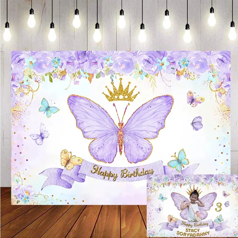 

Personalised Butterfly Backdrop Watercolor Flower Princess Girls Birthday Party Photo Background Photocall Prop Banner Decor