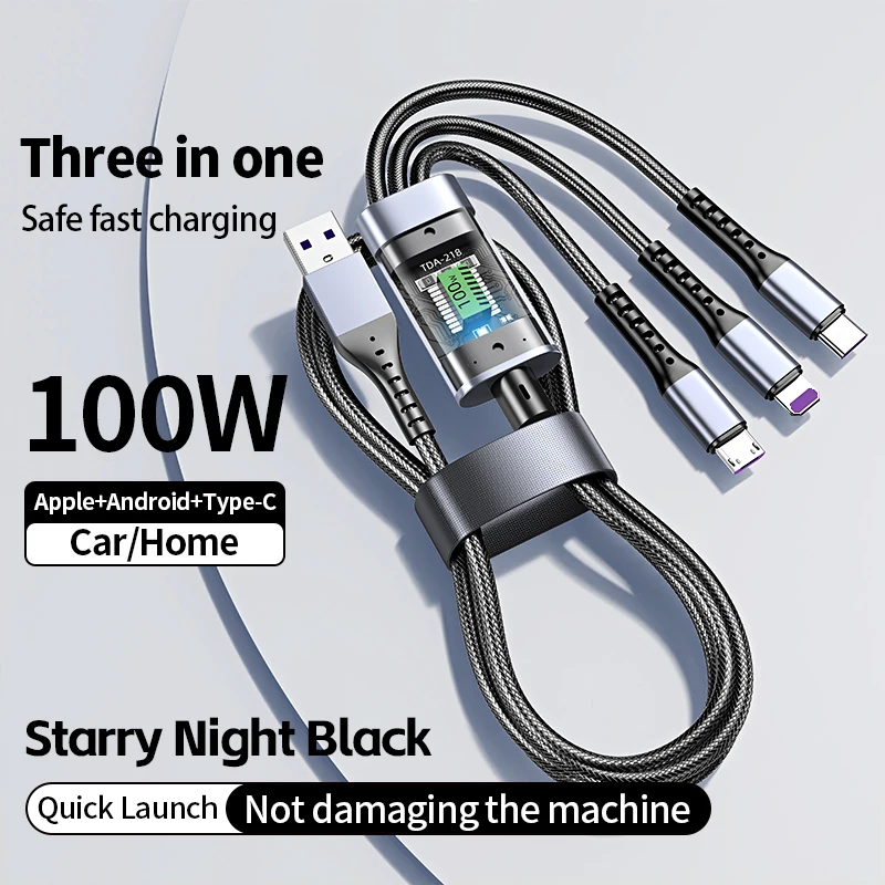 100w 3 In 1 Transparent Fast Charging Cable Type C Usb Micro For iPhone Samsung Huawei Xiaomi Pilot Lamp Charger Usb C 6A