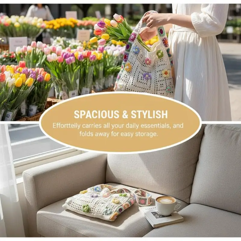 Women's Flower Crochet Knitted Bag for Fashionable Daily Use and Shopping