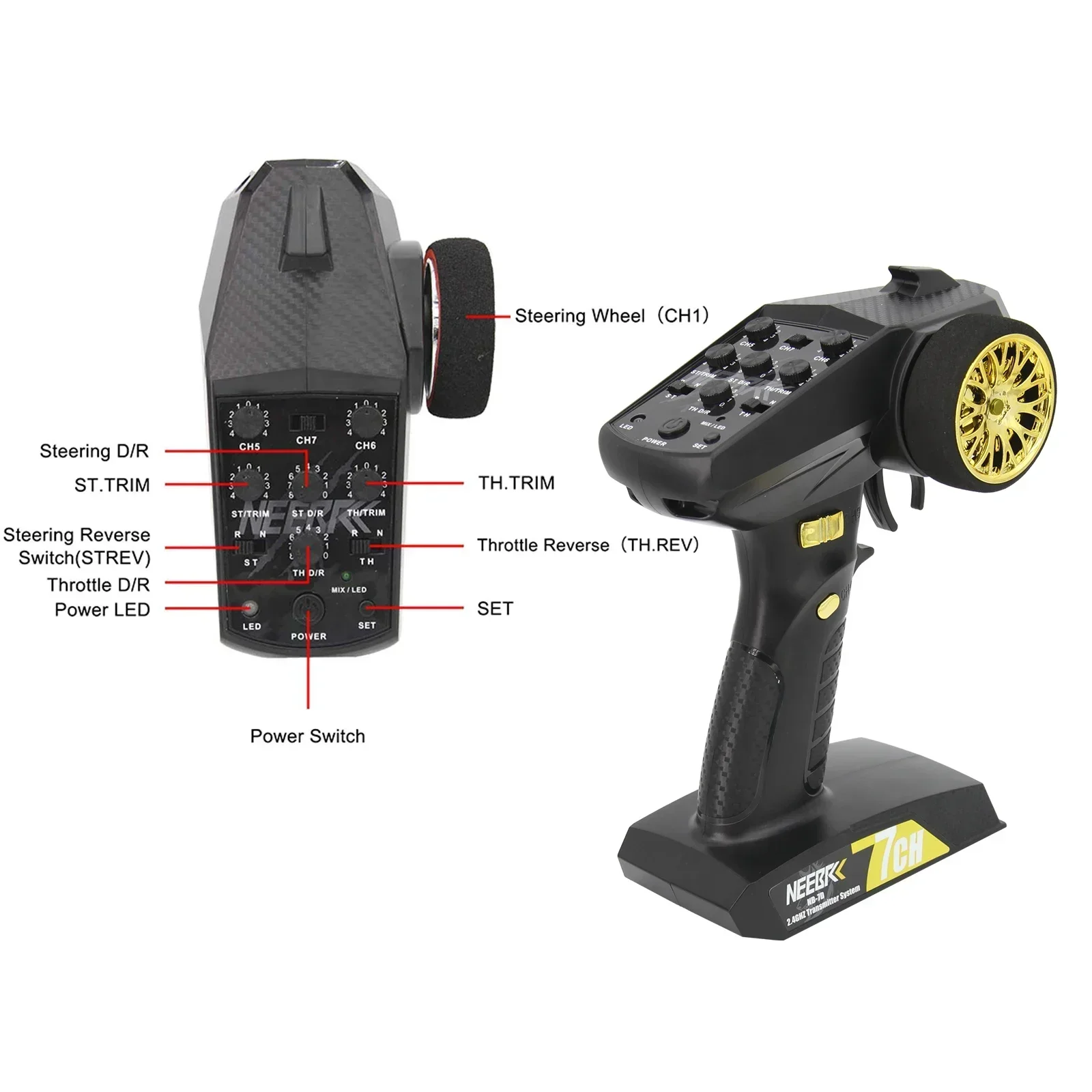 NEEBRC 7CH 2.4Ghz Sistema Radio Trasmettitore 6 Pin Spina Luce Ricevitore 7 Canali di Controllo Remoto per RC Auto MN99S MN82 MN168 MN128