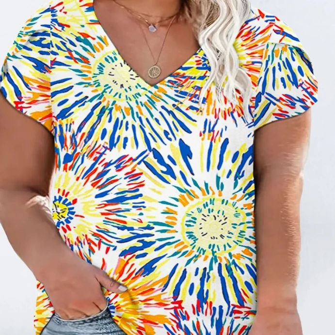 

Women's Summer T-Shirt Colorful Tie Dyed Printed Petal Sleeves Elastic V-Neck Leisure Youth Sports Versatile Top