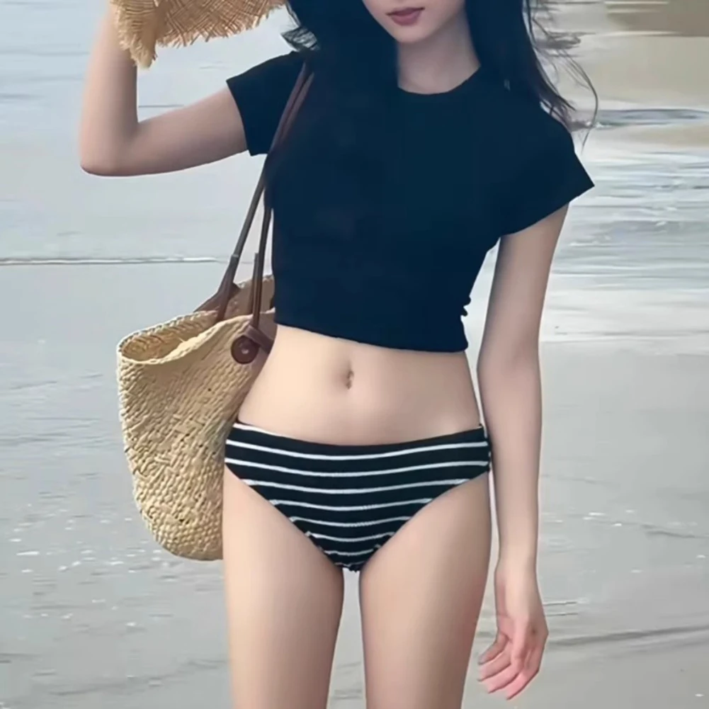 

Womens Three Piece Swimsuit Set with Short Sleeve Tshirt and Stripe Bikini for Summer Beach and Pool Activities