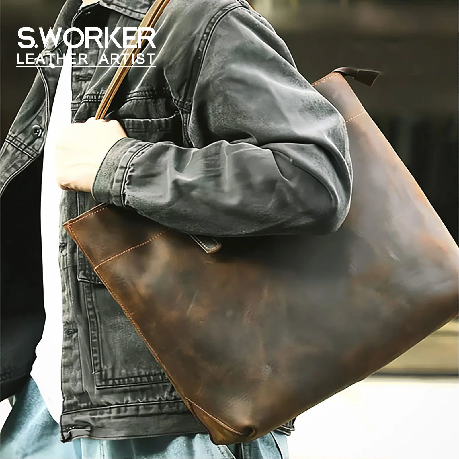 S.WORKER Vintage Echtleder Herren-Tragetaschen Aktentaschen Laptoptaschen Crazy Horse Leder Schulterhandtasche Italienisches Rindsleder – Detail 2