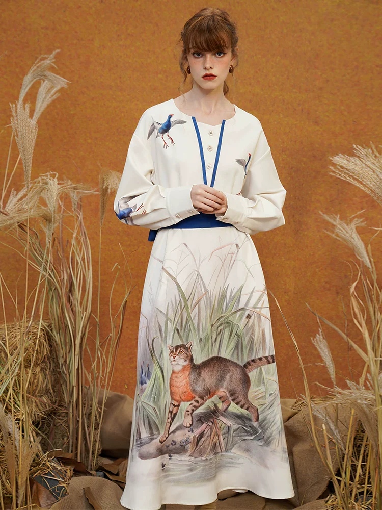 

Spring Autumn Original Design Women Exquisite Birds Tiger Hand Drawing Print Long Sleeved White Dresses With Belt