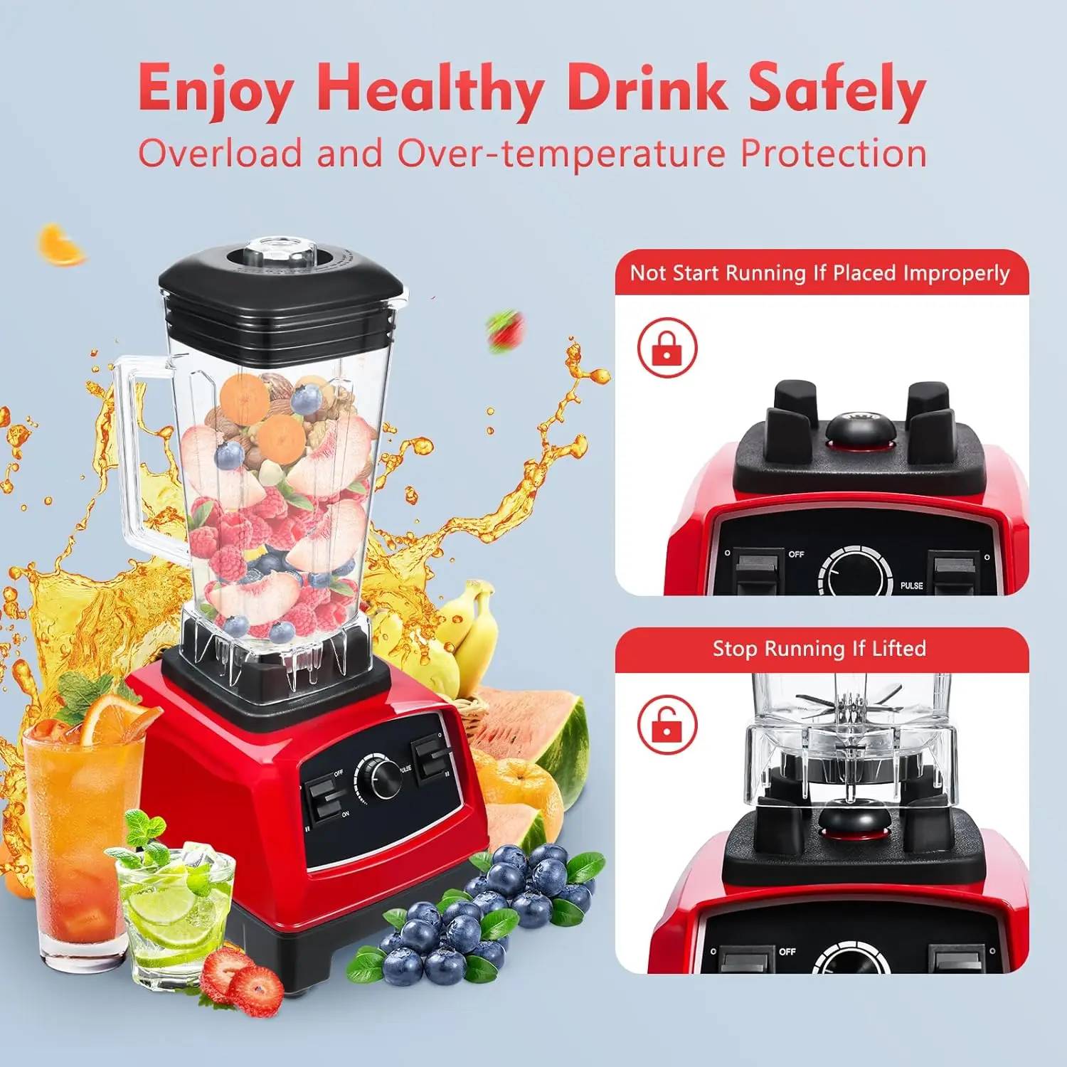 3HP Heavy Duty Professional Power Blender,2L High Power Commercial Blender Mixer เครื่องคั้นน้ําผลไม้ Smoothie Maker, 2200W เครื่องปั่นสีแดงสําหรับ K
