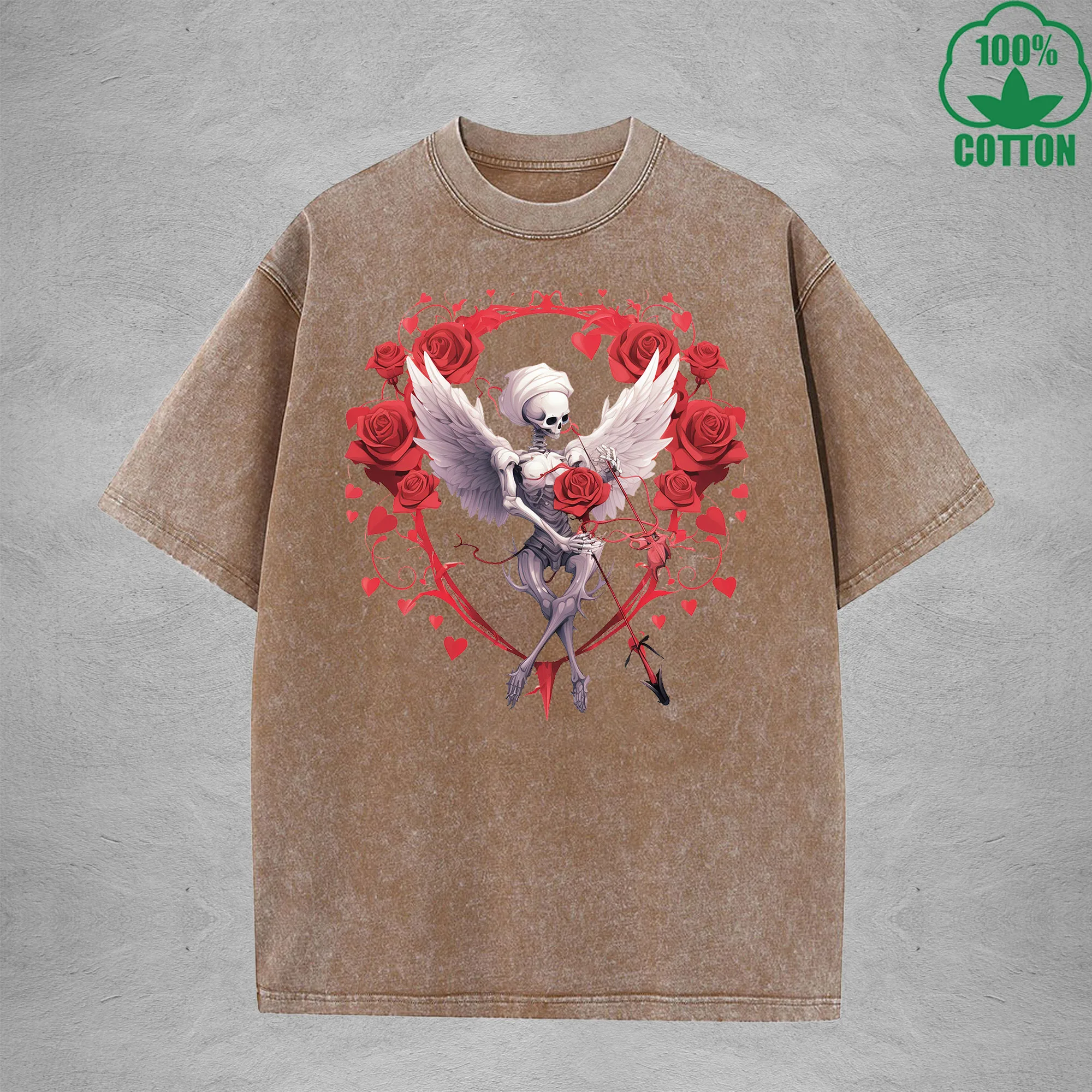 Rose Skeleton Printed Washed T-Shirt 230G Multicolor Minimalist Loose Trendy Fashionable Cotton Short Sleeve Top