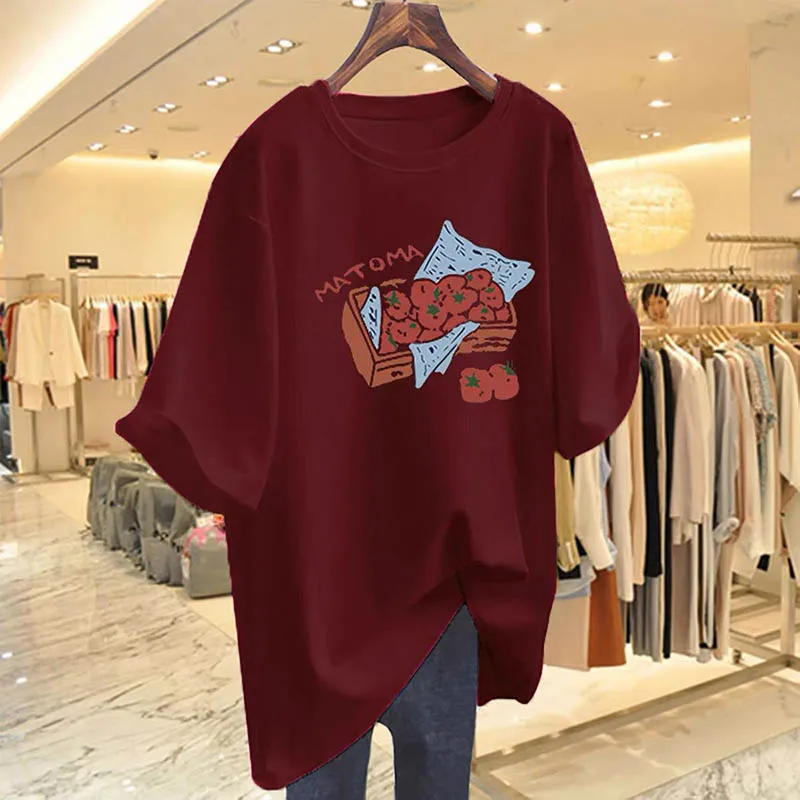 Verano 2025, nueva moda, camisetas con estampado de tomate pintadas a mano, ropa de mujer, Top informal holgado de algodón puro, camisetas elegantes de manga corta