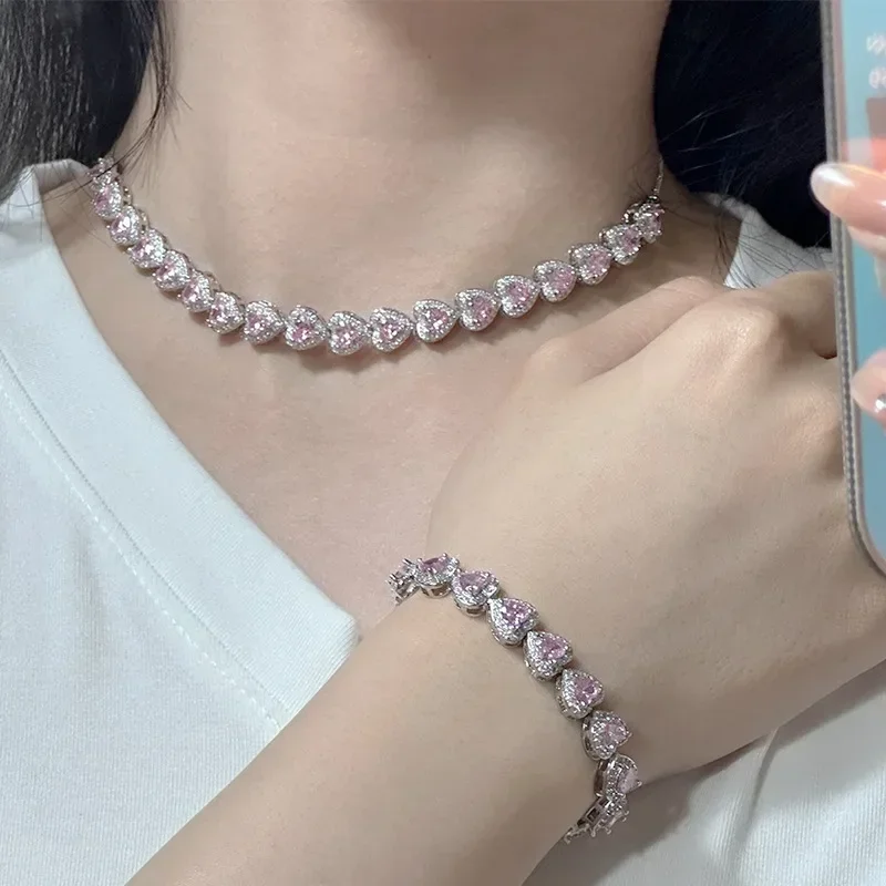 

MDL Moissanite Style.Brilliant Pink Heart Gemstone Bracelet 18K Gold Plated Heart 5A Zirconia Slow Girl Gift Elegant Necklace