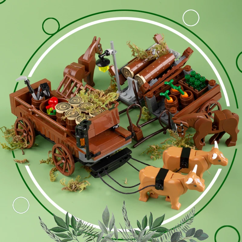 MOC Medieval Carriage Bullock Cart Street View Building Blocks Farmer Wood Vegetable Chariot Horse Transporter Bricks Toys Gift