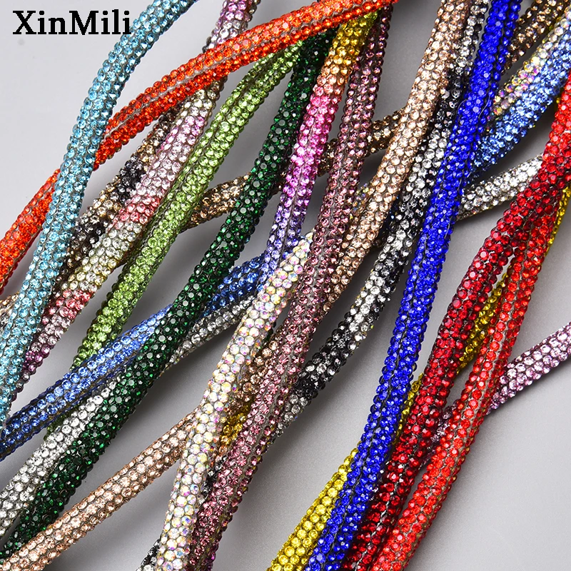 New 6mm Glass Crystal Cord Rhinestone Rope Applique Colorful Tube Trim Strass Bridal Dress Clothes Hairpin Shoes Bags DIY