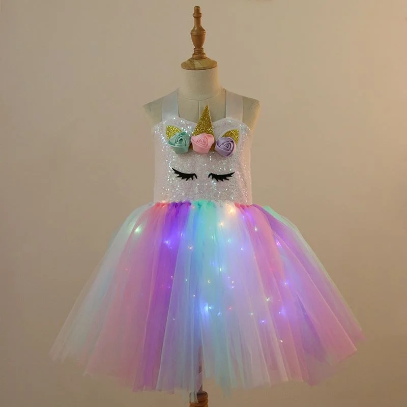 Disfraz de unicornio para niñas, vestido con luz LED, regalos de cumpleaños, vestido de princesa para fiesta de Halloween