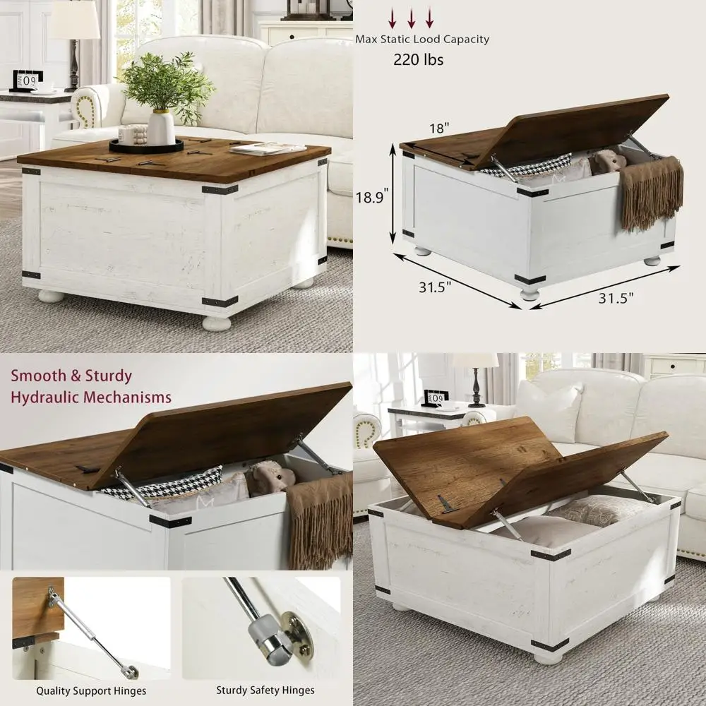 

White Farmhouse Style Coffee Table with Hidden Storage, Living Room Square Center Table Organizer