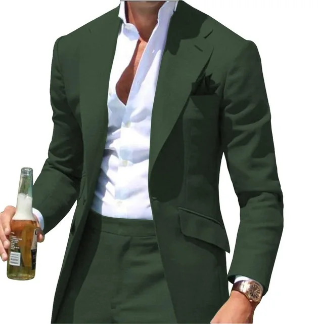 Colar de pico ternos masculinos ajuste fino entalhado verde dos homens terno blazers jaquetas calças 2 peça formal causal negócios casamento noivo