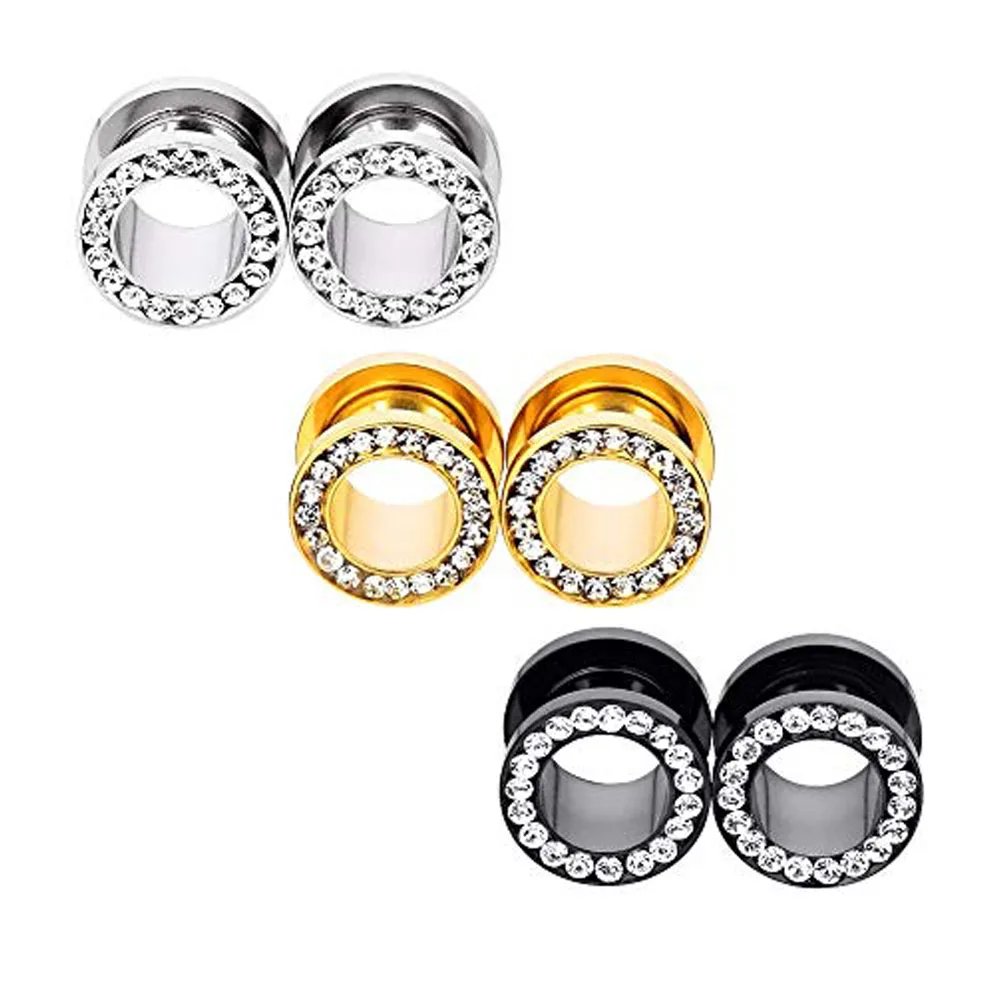 Double Flare Stainless Steel Tunnels Gauges Screwed Gem Rhinestones Tunnels Plugs Stretcher Jewelry 3-20mm